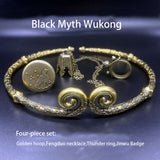 Black Myth Wukong Wear Accessories 4-piece Set：Golden hoop,Fengduo necklace,Thunder ring,Jinwu Badge